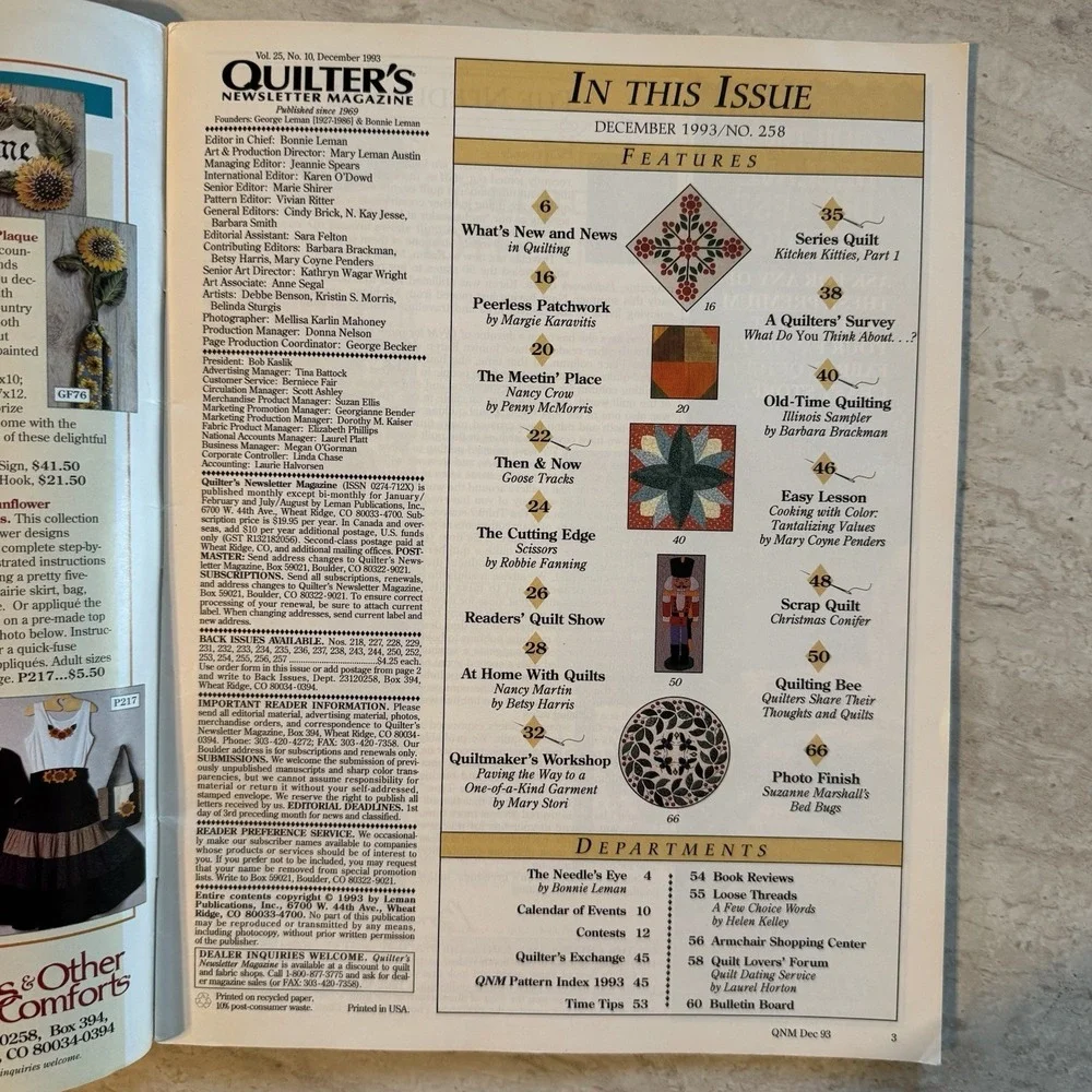 Quilter's Newsletter Magazine October 1993  Number 258 Vintage Grannycore‎ Fall